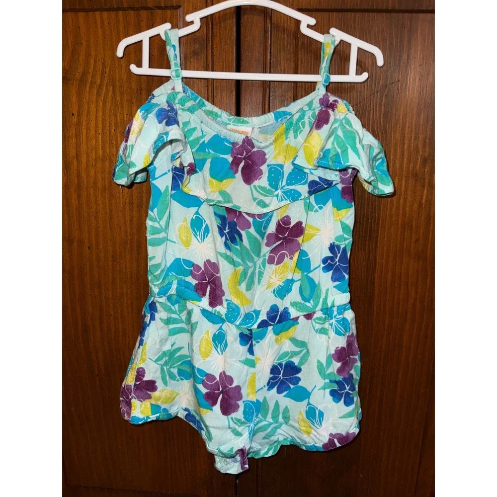 Gymboree Girls 3T Tropical Floral Cold Shoulder Romper Blue Purple Rayon Summer